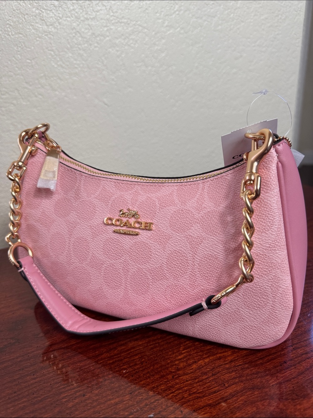 Coach Small Pink Signature Shoulder Bag with Gold Chain Strap